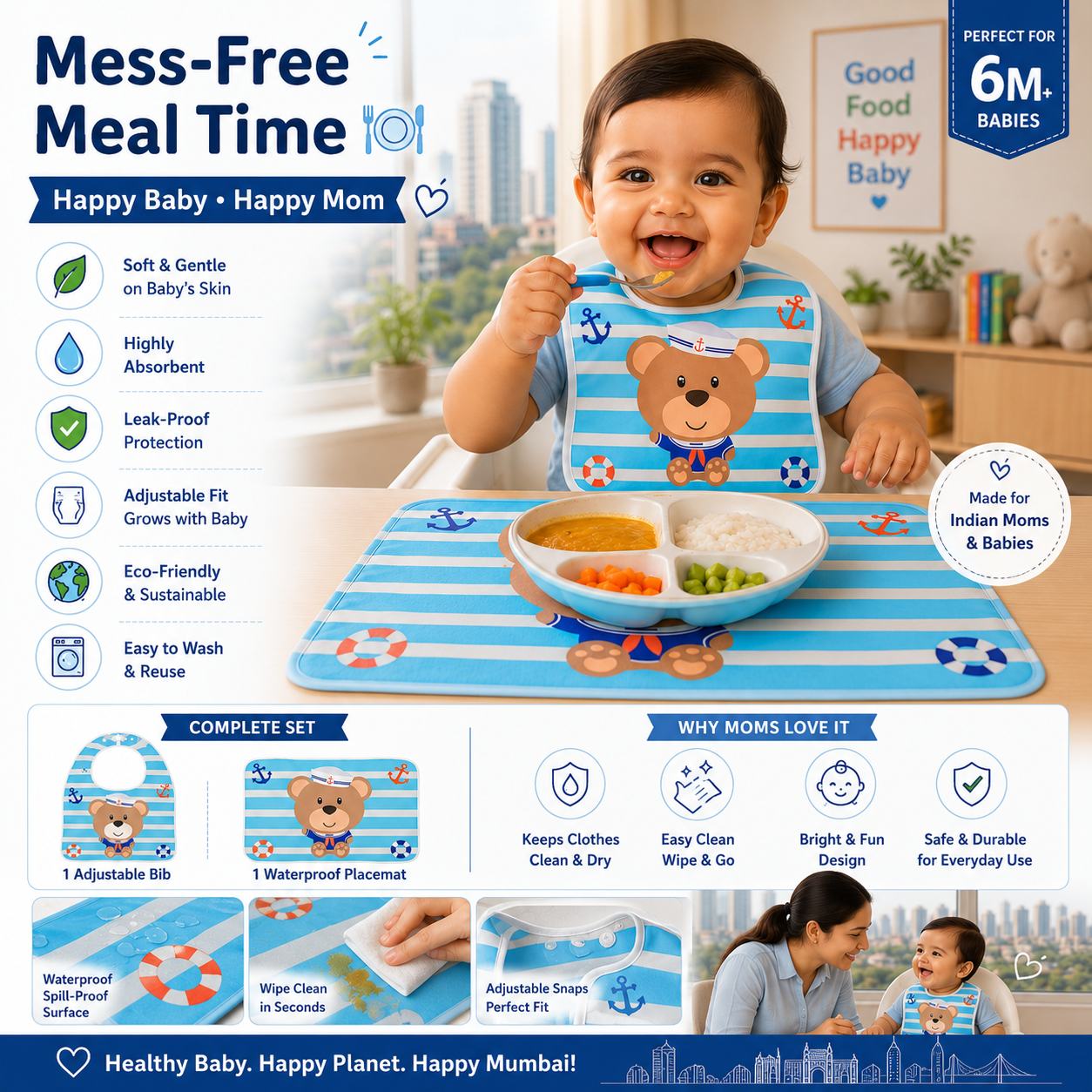 PiK A BOO Portable Bib Mat Set with Pocket – Waterproof Feeding Mat for Infants & Toddlers