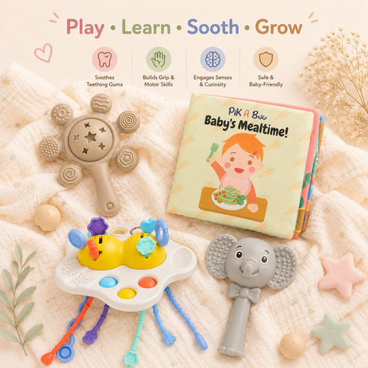 Baby Sensory Starter Kit – Sun Teether + Pull String + Elephant Teether + Mealtime Cloth Book