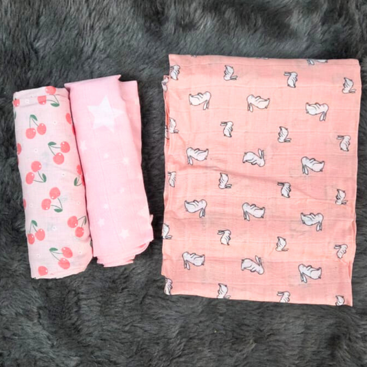 Cherry Star Rabbit Organic Cotton Baby Swaddle Blanket – 42x42 inches Set of 3