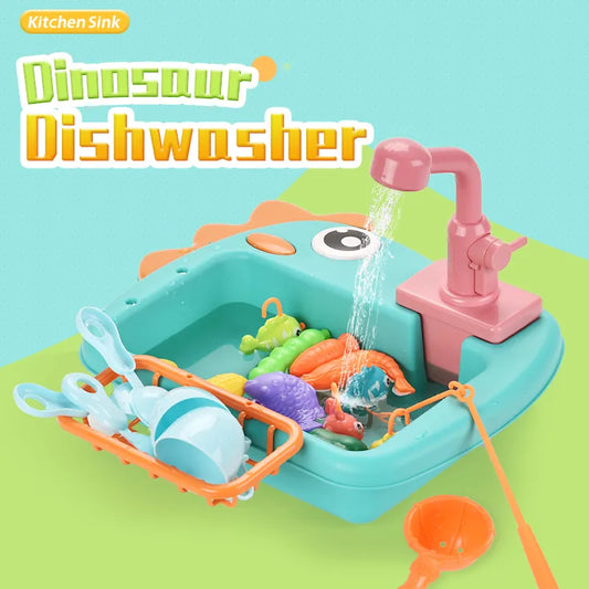 Dino Kitchen Sink - Electric Dishwasher Set for Kids' Pretend Play