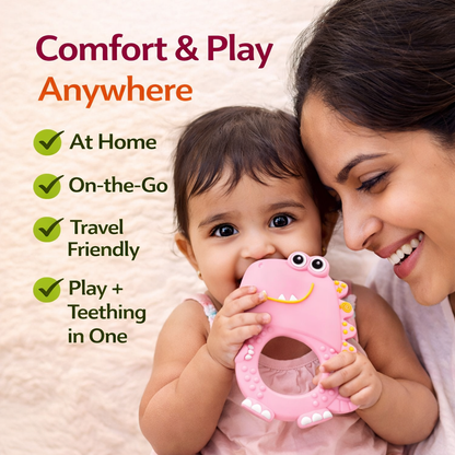 Dino Silicone Teether Rattle for Babies | BPA-Free with Built-in Rattle 10 cm