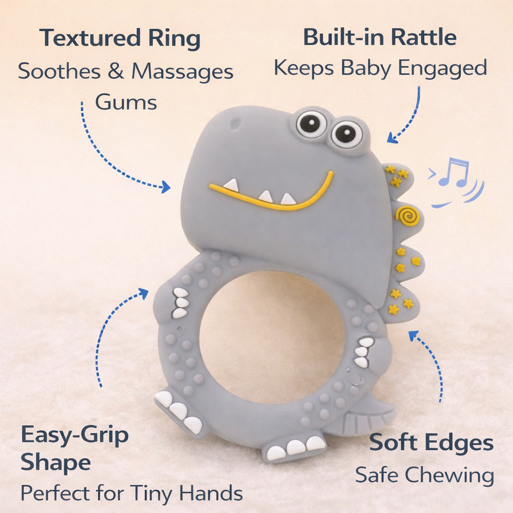 Dino Silicone Teether Rattle for Babies | BPA-Free with Built-in Rattle 10 cm