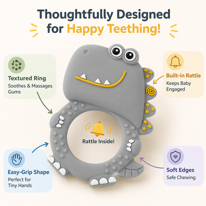 Dino Silicone Teether Rattle for Babies | BPA-Free with Built-in Rattle 10 cm