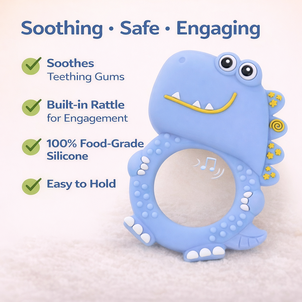 Dino Silicone Teether Rattle for Babies | BPA-Free with Built-in Rattle 10 cm