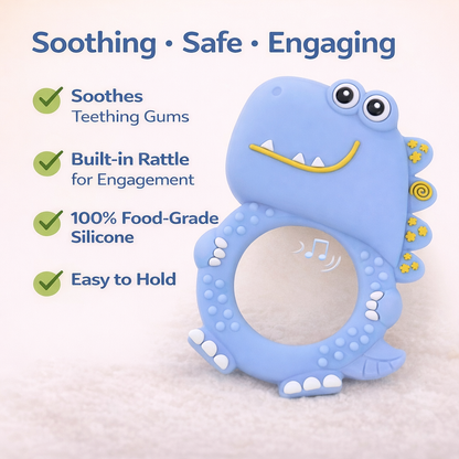 Dino Silicone Teether Rattle for Babies | BPA-Free with Built-in Rattle 10 cm