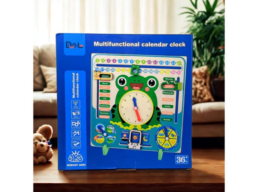 Wooden Cartoon Frog Learning Time Set – Educational Calendar and Teaching Clock Toy for Kids' Cognitive Development