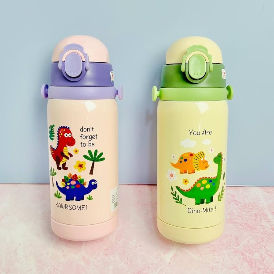 🦖 Double Cap Dinosaur Stainless Steel Water Bottle – 450ml Leak-Proof Insulated Thermos for Kids | Hot & Cold Travel Bottle 🎒💦 Any One