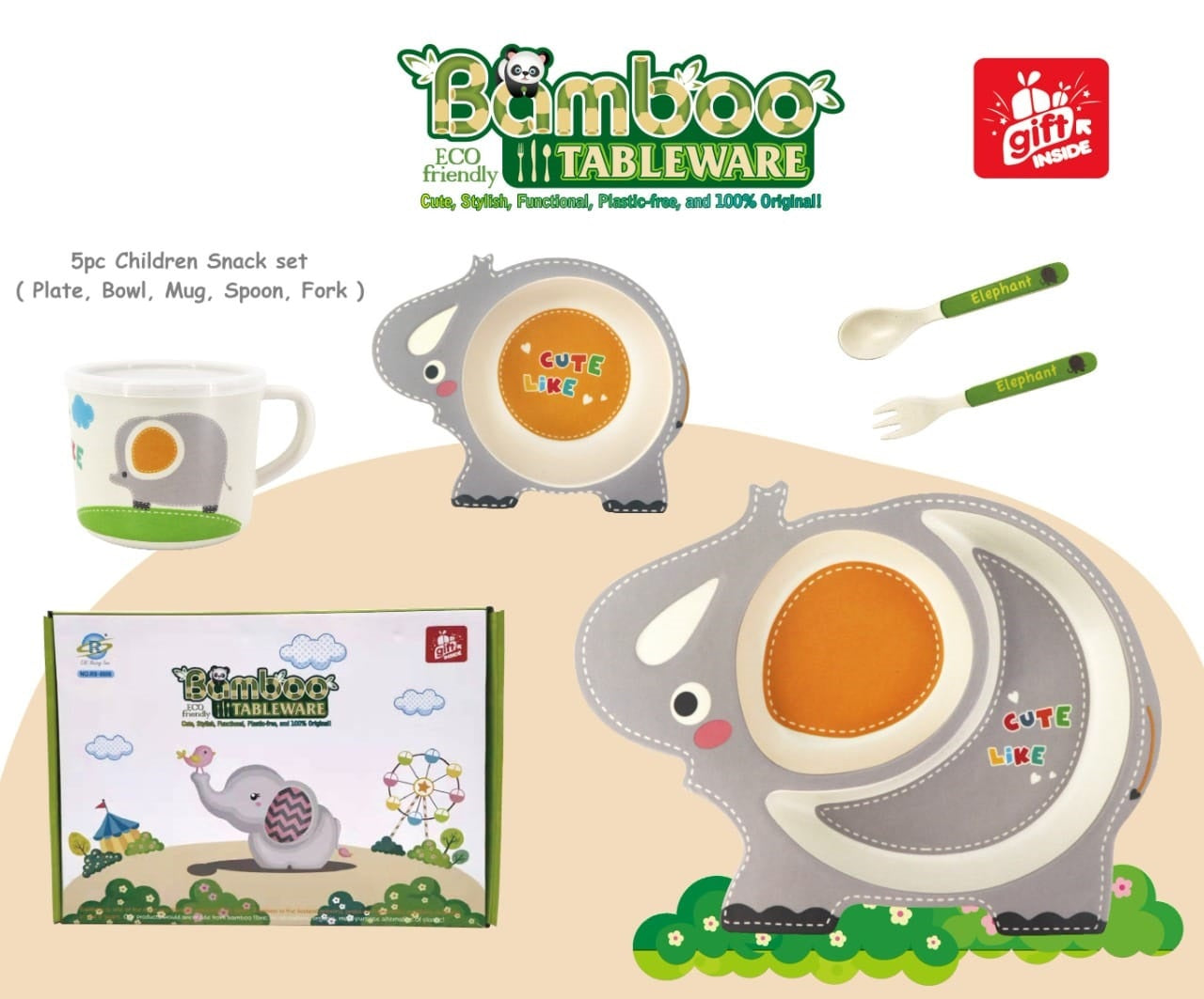Elephant Shape Children Snack Set Tableware Baby Self-Feeding Plate Bamboo Fiber Meal