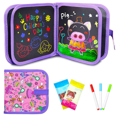 Children's drawing book with colorful markers and a pink case on a white background