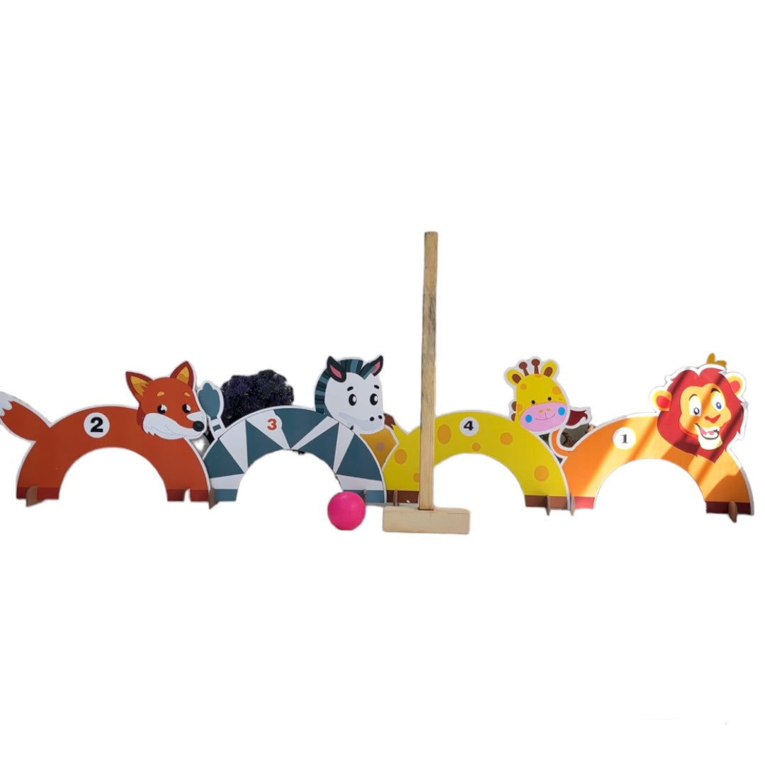 Kid's Croquet Hammer Ball Wooden Game Set With Animal Design Holes