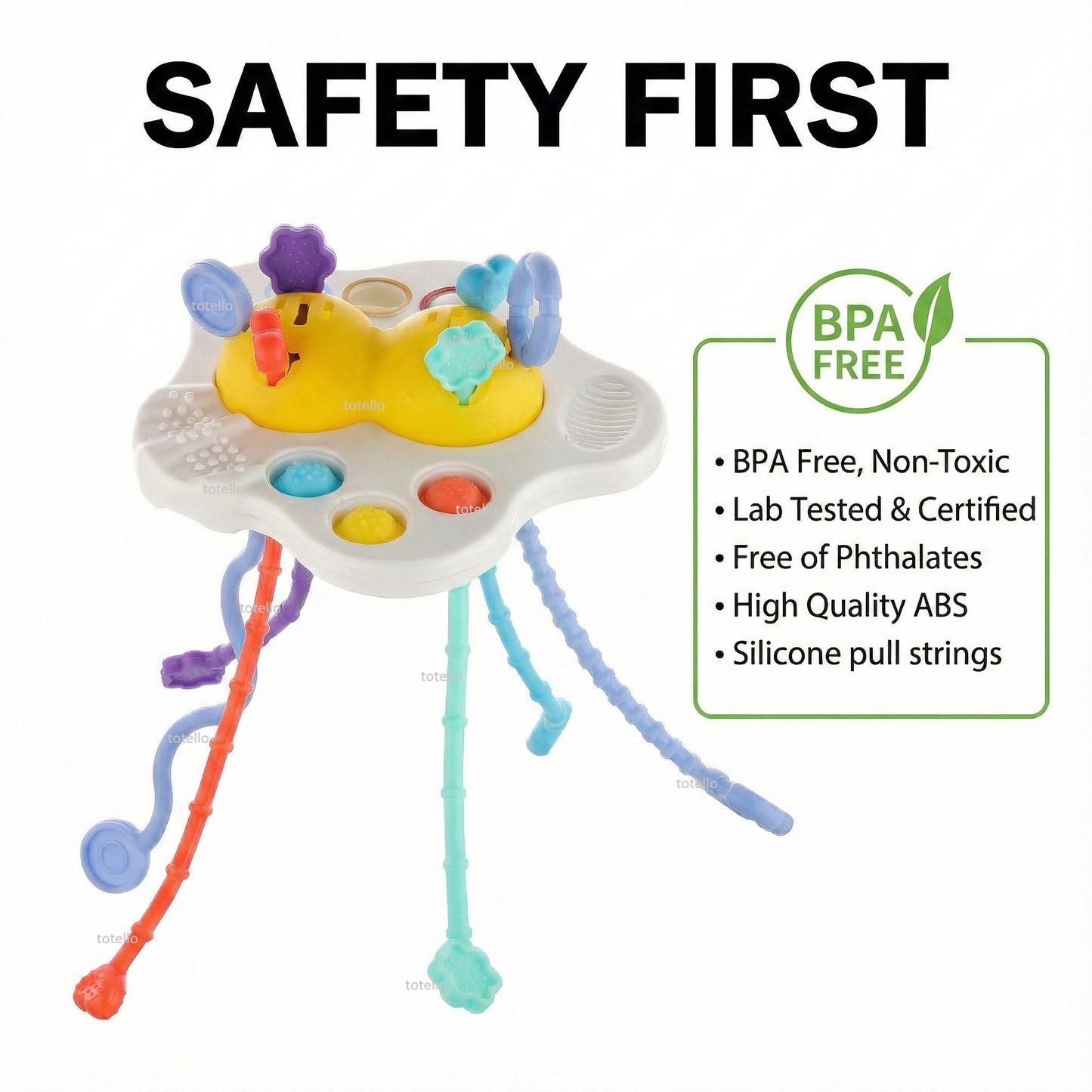 Totello Pehla Toy Pull String Silicone Teether Sensory Play with Pop-It Buttons for Babies