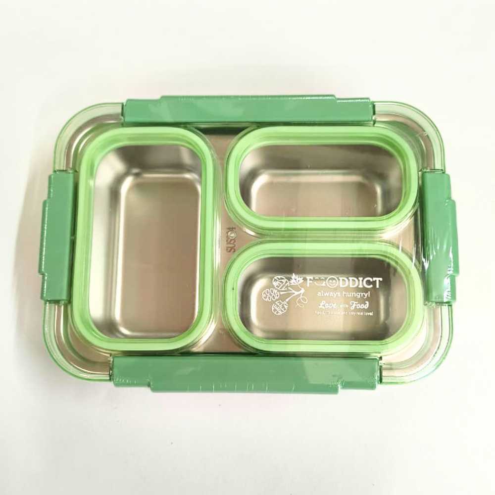 Green Tokyo Table Stainless Steel Lunch Box – 3 Compartment Mixproof Tiffin