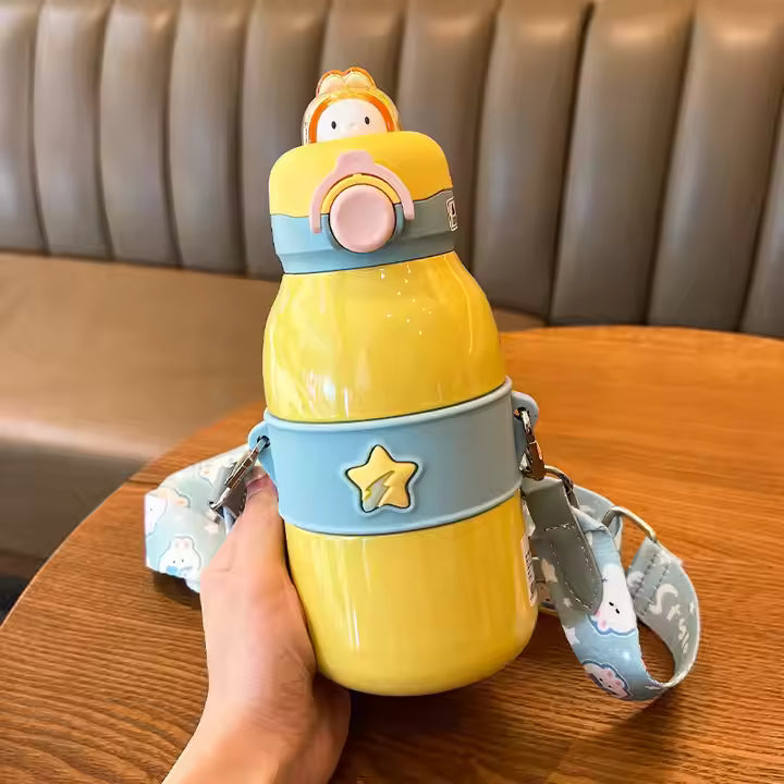 Cartoon Steel Kids Water Bottle – Insulated Thermos with Strap for School Use