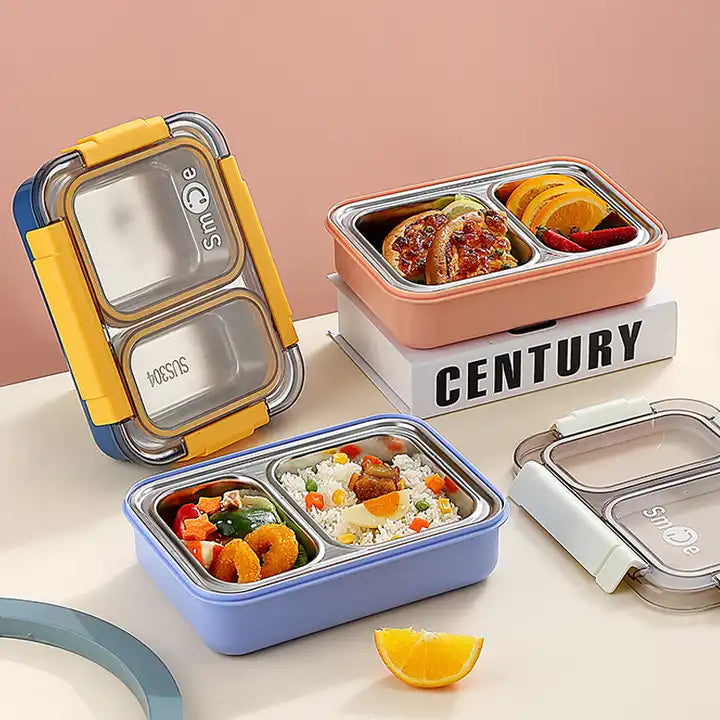 2 Grid Transparent Top Stainless Steel Leakproof Lunch Bento Box For Kids 750 Ml