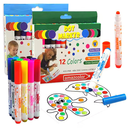 12-Color Dot Washable Markers Set – Non-Toxic, Acid-Free Art Tools for Kids