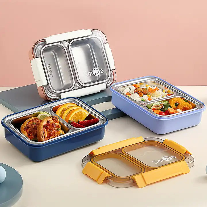 2 Grid Transparent Top Stainless Steel Leakproof Lunch Bento Box For Kids 750 Ml