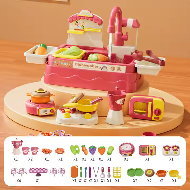 Running Tap Home Kitchen Sink - Electric Dishwasher Set for Kids' Pretend Play