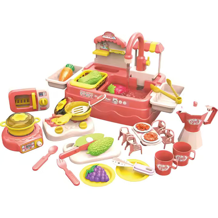 Running Tap Home Kitchen Sink - Electric Dishwasher Set for Kids' Pretend Play