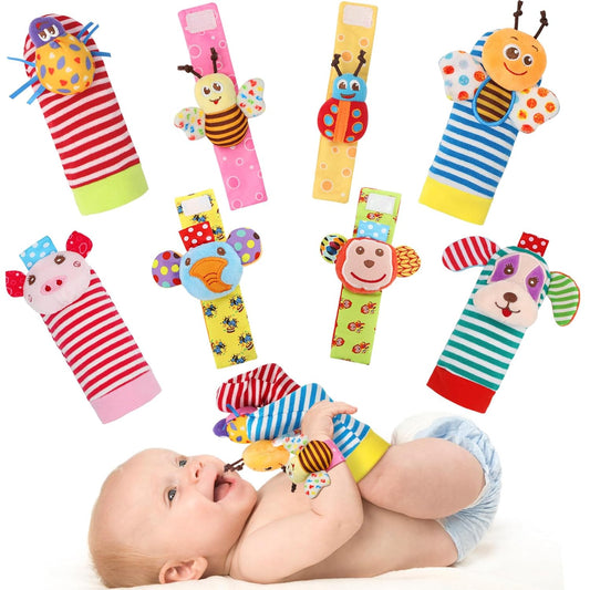 Wrist Rattles and Foot Finder Socks for Babies - Soft Animal Rattle Toys for Newborns