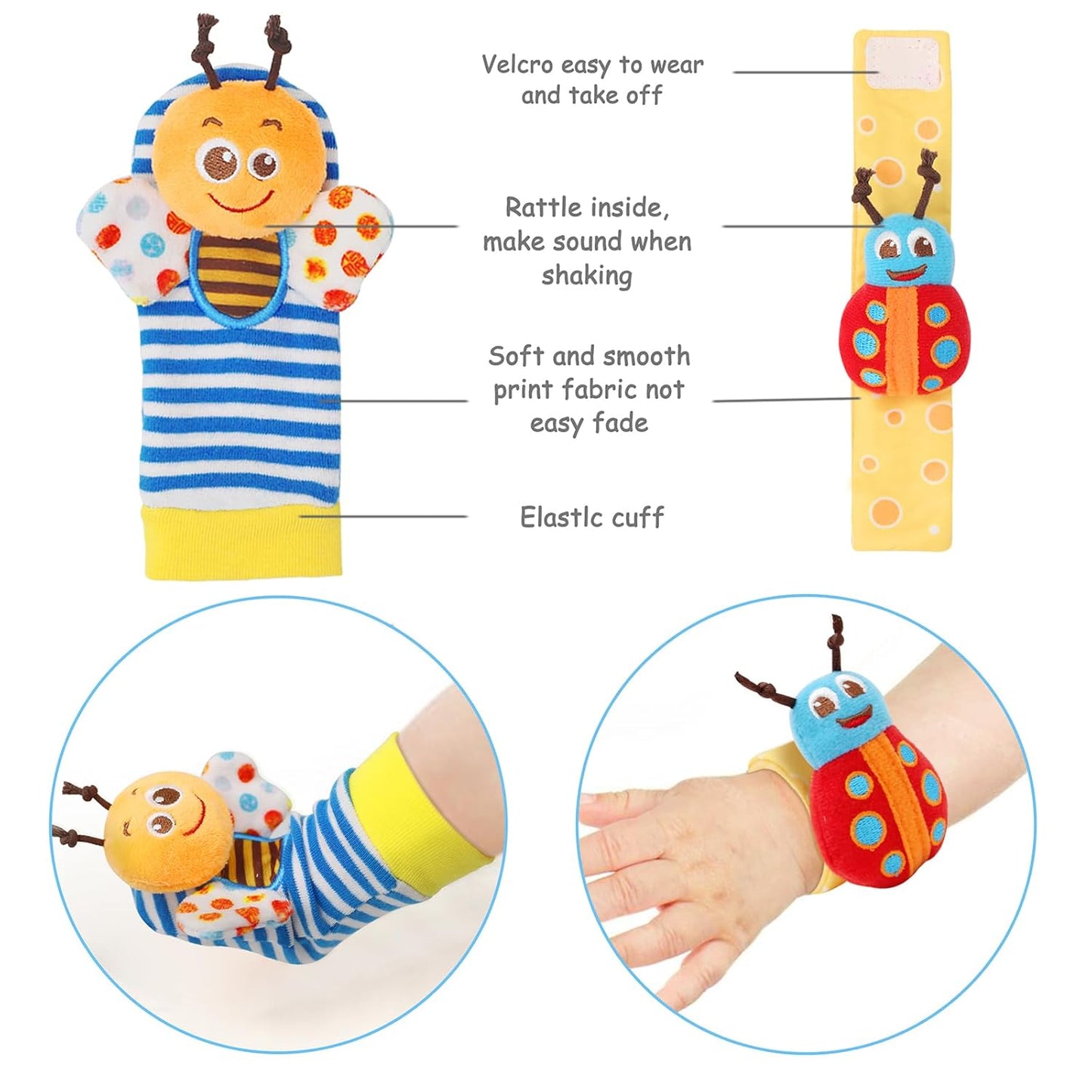 Wrist Rattles and Foot Finder Socks for Babies - Soft Animal Rattle Toys for Newborns