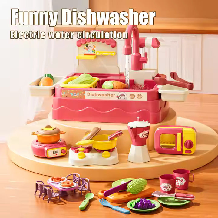 Running Tap Home Kitchen Sink - Electric Dishwasher Set for Kids' Pretend Play