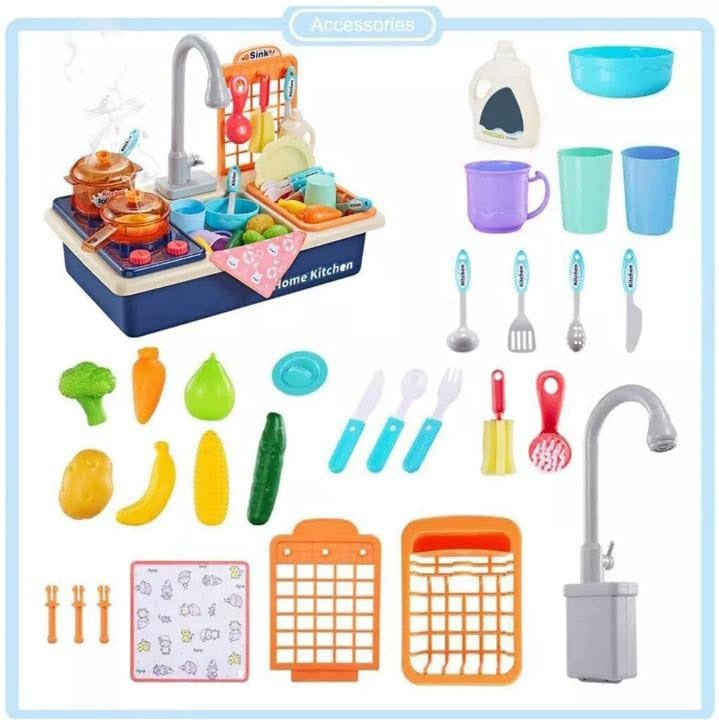 Kitchen Sink Running Tap Water, Stove With Light, Dishwasher and Tableware for Kids