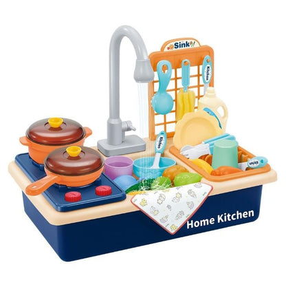 Kitchen Sink Running Tap Water, Stove With Light, Dishwasher and Tableware for Kids