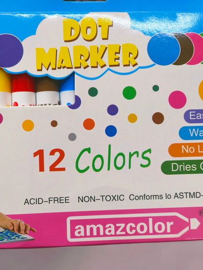 12-Color Dot Washable Markers Set – Non-Toxic, Acid-Free Art Tools for Kids