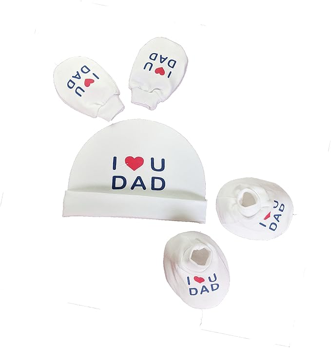 I Love You Dad Baby Gift Set | White Printed Mittens, Booties & Cap – Soft Cotton Essentials for Your Little One