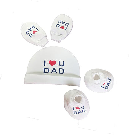 I Love You Dad Baby Gift Set | White Printed Mittens, Booties & Cap – Soft Cotton Essentials for Your Little One