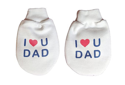 I Love You Dad Baby Gift Set | White Printed Mittens, Booties & Cap – Soft Cotton Essentials for Your Little One