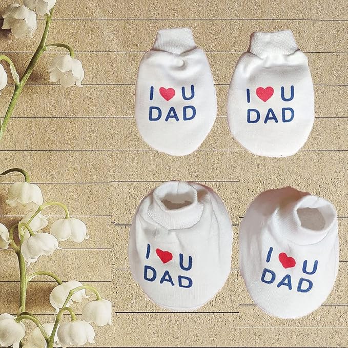 I Love You Dad Baby Gift Set | White Printed Mittens, Booties & Cap – Soft Cotton Essentials for Your Little One