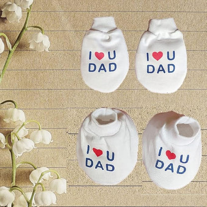 I Love You Dad Baby Gift Set | White Printed Mittens, Booties & Cap – Soft Cotton Essentials for Your Little One