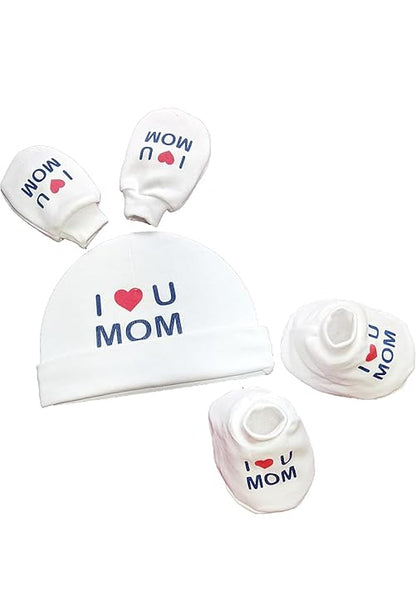 I Love You Mom Baby Gift Set | White Printed Mittens, Booties & Cap – Soft Cotton Essentials for Your Little Bundle of Joy