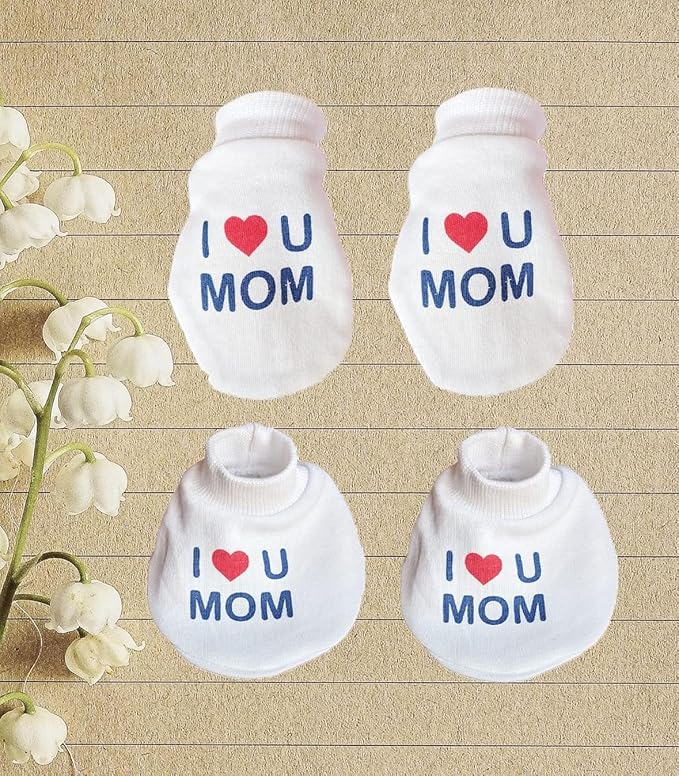 I Love You Mom Baby Gift Set | White Printed Mittens, Booties & Cap – Soft Cotton Essentials for Your Little Bundle of Joy