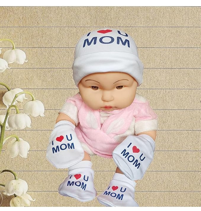 I Love You Mom Baby Gift Set | White Printed Mittens, Booties & Cap – Soft Cotton Essentials for Your Little Bundle of Joy