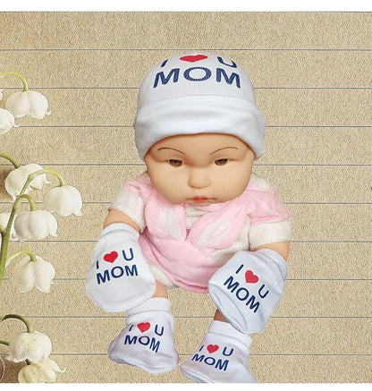 I Love You Mom Baby Gift Set | White Printed Mittens, Booties & Cap – Soft Cotton Essentials for Your Little Bundle of Joy