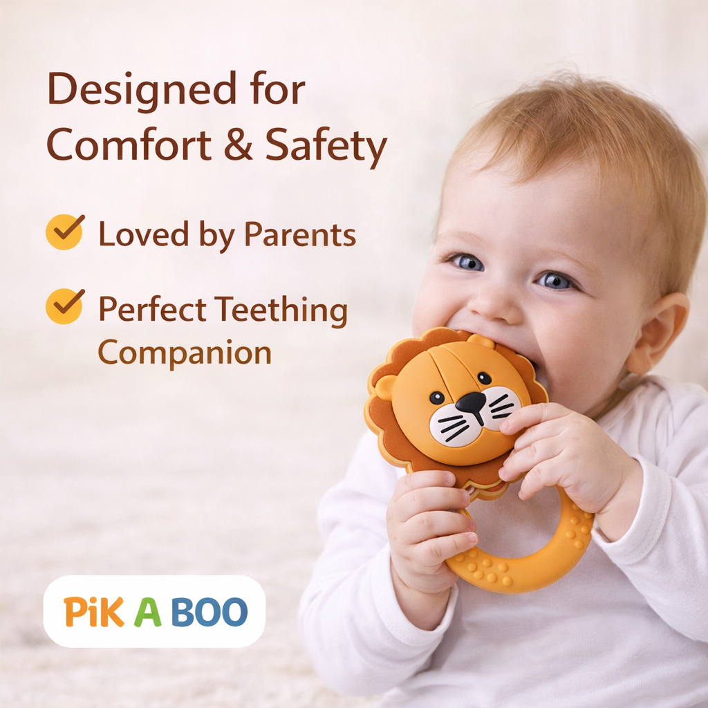 Lion Silicone Teether Rattle for Babies | Soothing Gum Relief Toy for Infants 6–24 Months