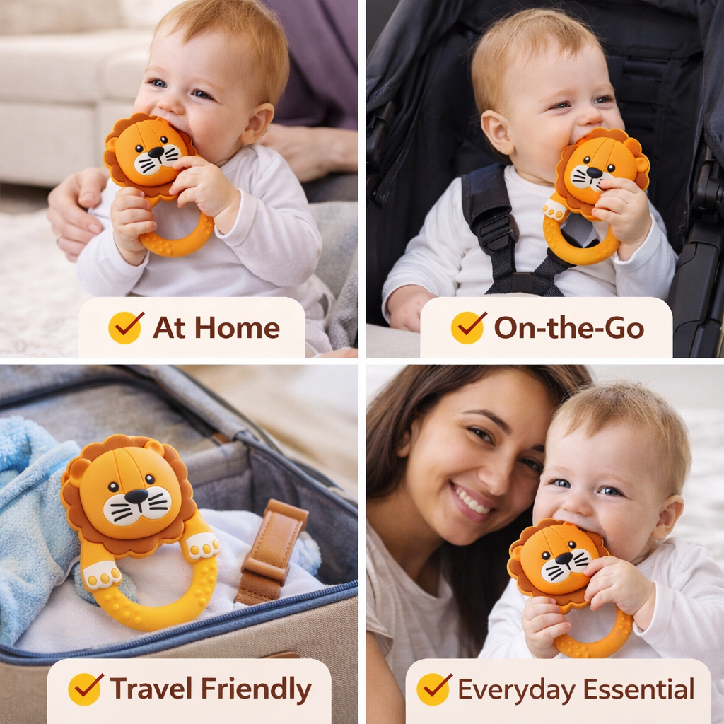 Lion Silicone Teether Rattle for Babies | Soothing Gum Relief Toy for Infants 6–24 Months