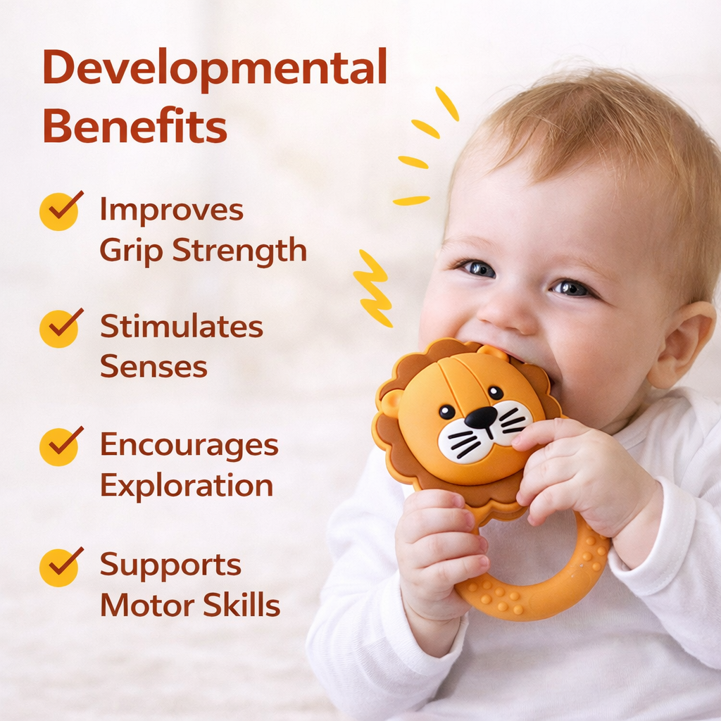 Lion Silicone Teether Rattle for Babies | Soothing Gum Relief Toy for Infants 6–24 Months