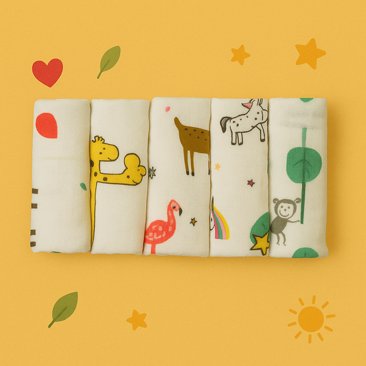 Set of 5 Organic Muslin Washcloths | 4-Layer White Printed (Design-3) – Ultra-Soft & Gentle for Baby’s Delicate Skin