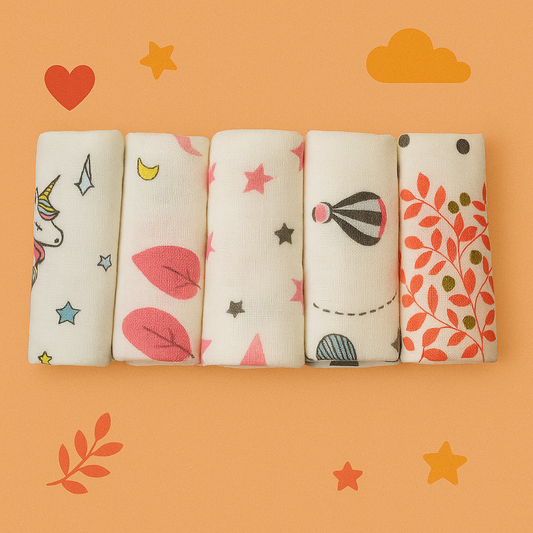 Set of 5 Organic Muslin Washcloths | 4-Layer White Printed (Design-2) – Ultra-Soft & Gentle for Baby’s Delicate Skin