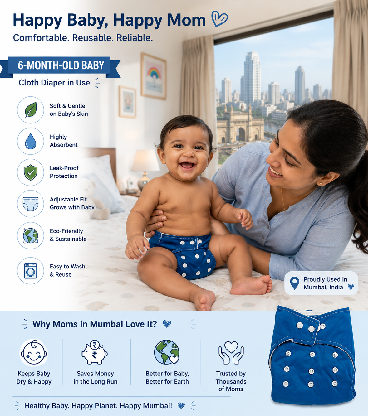 PiK A BOO Reusable Cloth Diaper – Washable, Leak-Proof & Soft for Babies (0–3 Years)