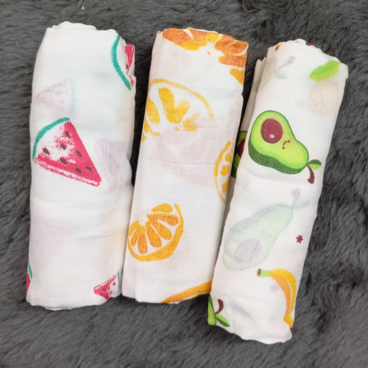 Orange Watermelon Avocado Organic Cotton Baby Swaddle Blanket – 42x42 inches Set of 3