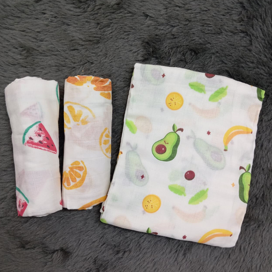 Orange Watermelon Avocado Organic Cotton Baby Swaddle Blanket – 42x42 inches Set of 3