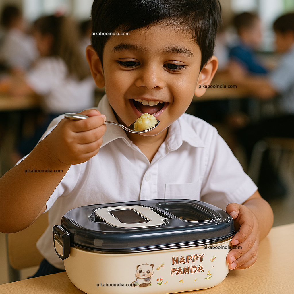 Happy Panda Stainless Steel Lunch Box | Insulated 4-Compartment Leak-Proof Tiffin with Bag