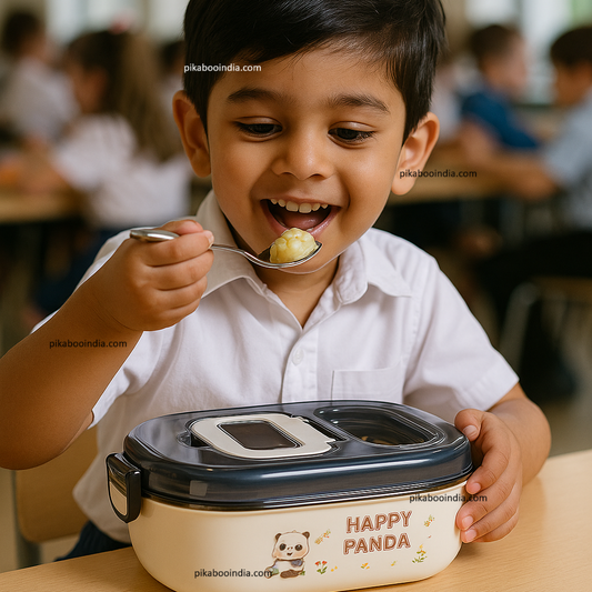 Happy Panda Stainless Steel Lunch Box | Insulated 4-Compartment Leak-Proof Tiffin with Bag