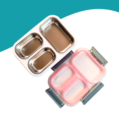 Pink Steel Lunch Box – 3 Compartment Leakproof Tiffin