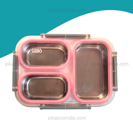 Pink Steel Lunch Box – 3 Compartment Leakproof Tiffin