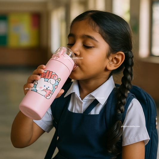 Pink Kitty Thermos Water Bottle – 500ml Insulated Leakproof Flask with Straw Lid for Kids